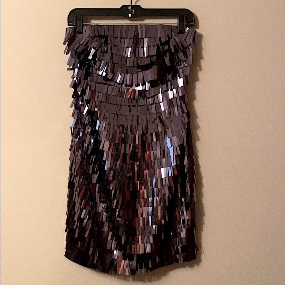 Express Strapless Gunmetal Fringe Dress